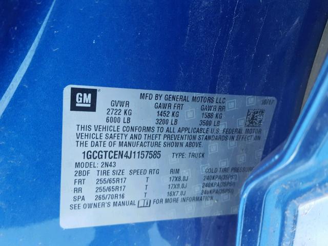 1GCGTCEN4J1157585 - 2018 CHEVROLET COLORADO L BLUE photo 10