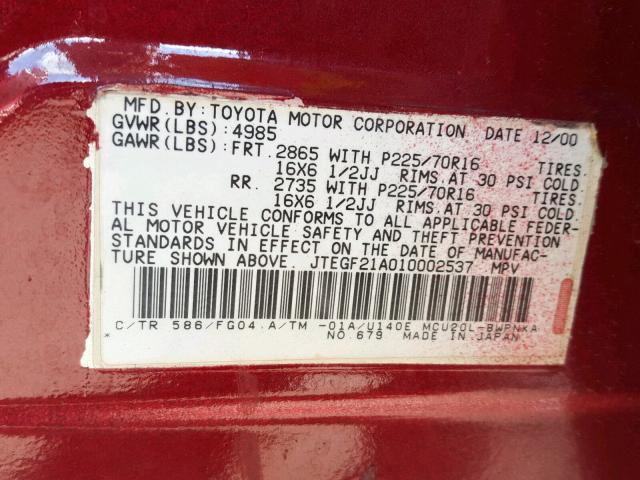 JTEGF21A010002537 - 2001 TOYOTA HIGHLANDER BURGUNDY photo 10