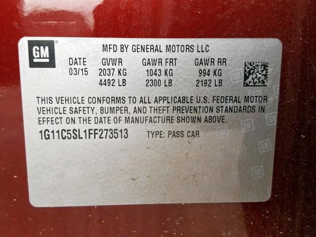 1G11C5SL1FF273513 - 2015 CHEVROLET MALIBU 1LT 勃艮第红 照片 10