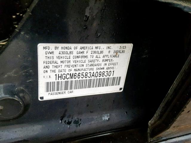 1HGCM66583A098301 - 2003 HONDA ACCORD BLACK photo 10