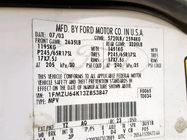 1FMZU64K13ZB53847 - 2003 FORD EXPLORER E WHITE photo 10