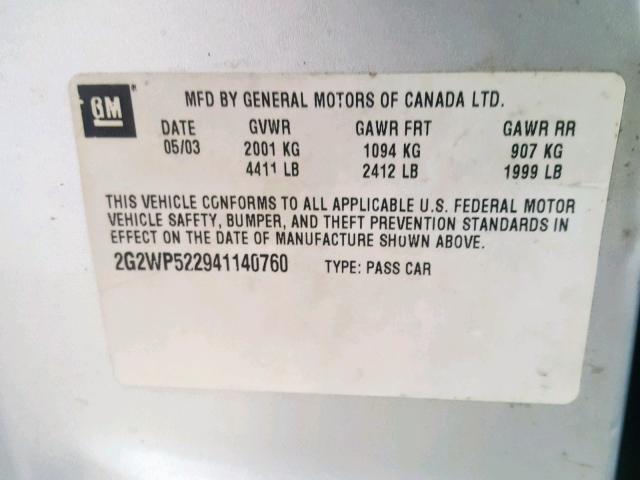 2G2WP522941140760 - 2004 PONTIAC GRAND PRIX 灰色 照片 10