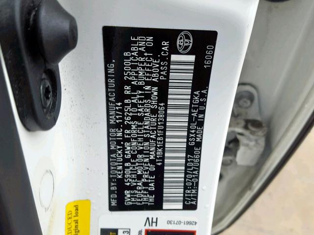 4T1BK1EB1FU138064 - 2015 TOYOTA AVALON XLE WHITE photo 10