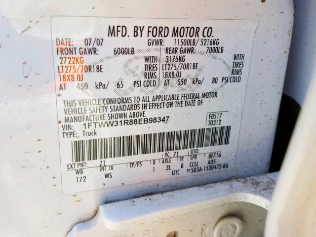 1FTWW31R88EB98347 - 2008 FORD F350 SRW S WHITE photo 10