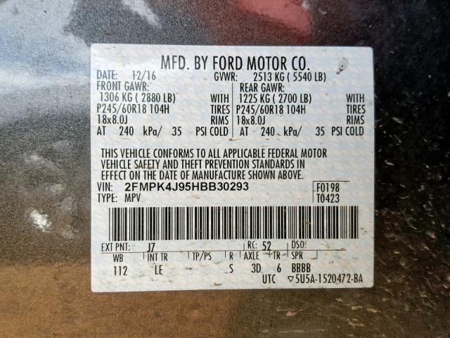 2FMPK4J95HBB30293 - 2017 FORD EDGE SEL GRAY photo 10