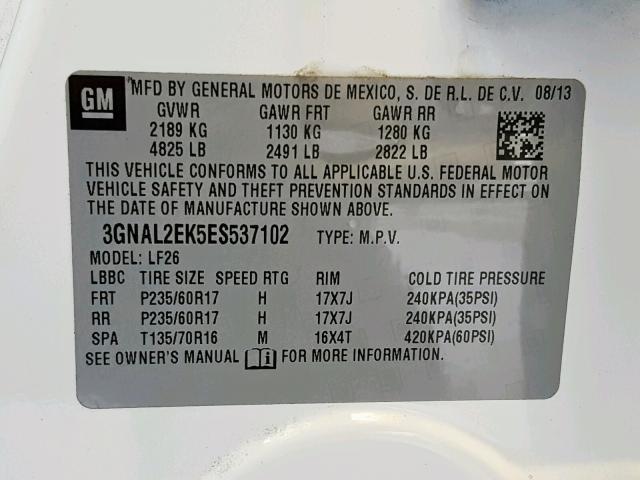 3GNAL2EK5ES537102 - 2014 CHEVROLET CAPTIVA LS 白色 照片 10