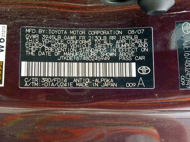 JTKDE167480245949 - 2008 TOYOTA SCION TC ბურგუნდია ფოტო 10