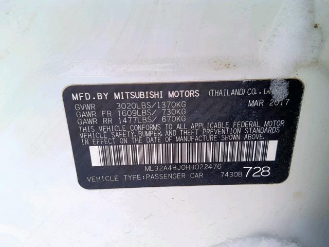 ML32A4HJ0HH022476 - 2017 MITSUBISHI MIRAGE SE WHITE photo 10