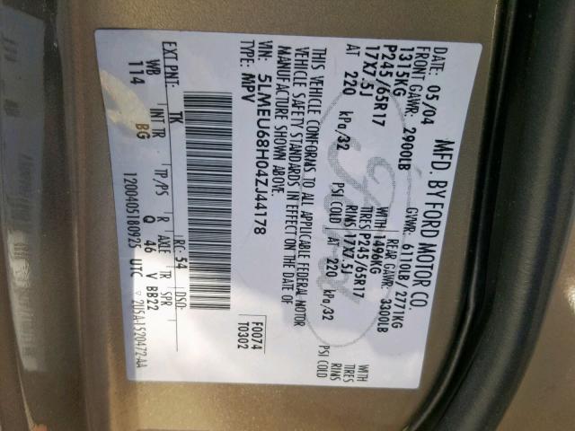 5LMEU68H04ZJ44178 - 2004 LINCOLN AVIATOR 灰色 照片 10