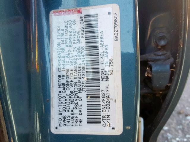 JT2EL43T8R0414708 - 1994 TOYOTA TERCEL DX GREEN photo 10