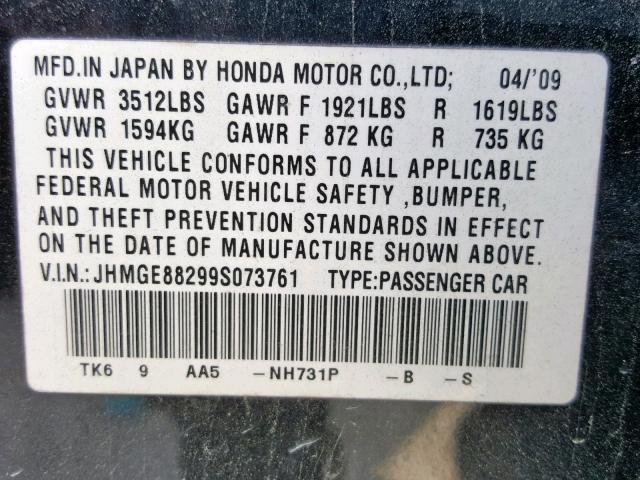 JHMGE88299S073761 - 2009 HONDA FIT BLACK photo 10