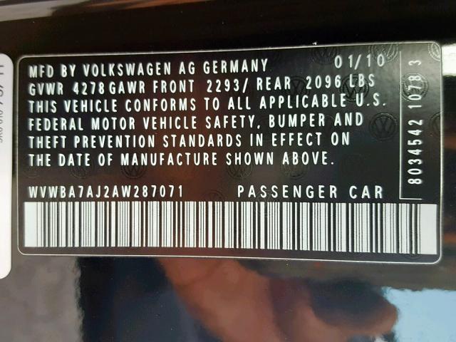 WVWBA7AJ2AW287071 - 2010 VOLKSWAGEN GOLF 黑色 照片 10