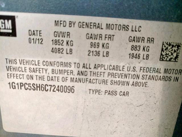 1G1PC5SH6C7240096 - 2012 CHEVROLET CRUZE LS BLUE photo 10