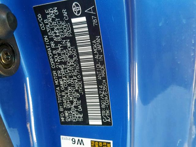 JTKDE167760130601 - 2006 TOYOTA SCION TC ლურჯი ფოტო 10