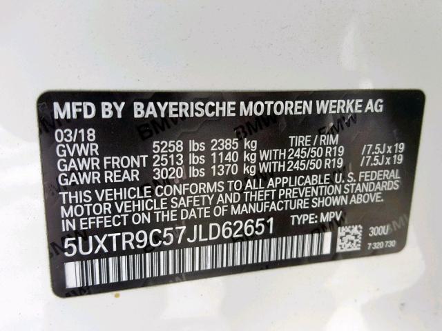 5UXTR9C57JLD62651 - 2018 BMW X3 XDRIVE3 WHITE photo 10