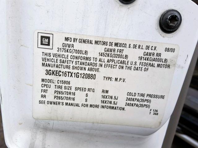 3GKEC16TX1G120880 - 2001 GMC YUKON XL C WHITE photo 10