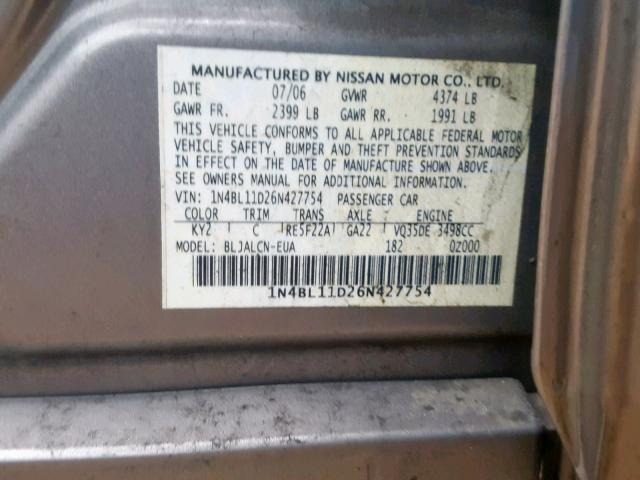 1N4BL11D26N427754 - 2006 NISSAN ALTIMA SE BROWN photo 10