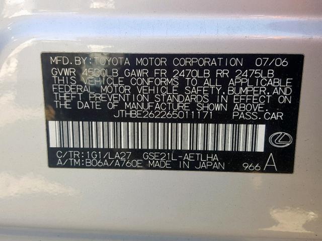 JTHBE262265011171 - 2006 LEXUS IS 350 SILVER photo 10