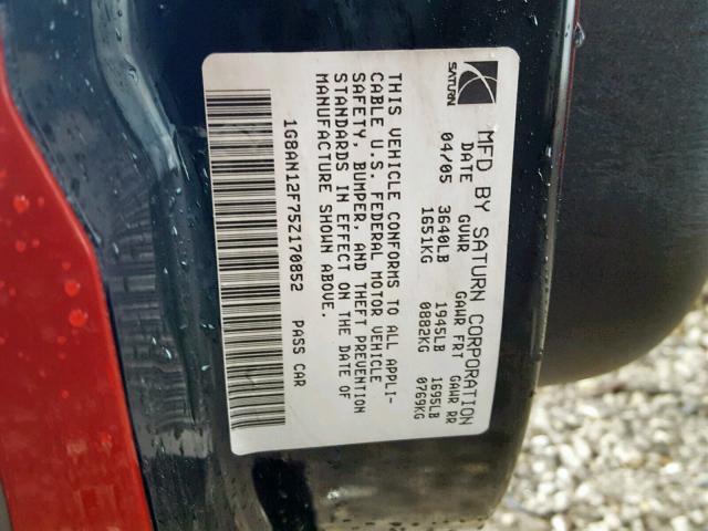 1G8AN12F75Z170852 - 2005 SATURN ION LEVEL RED photo 10
