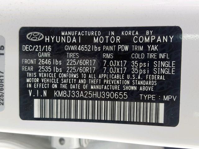 KM8J33A25HU390655 - 2017 HYUNDAI TUCSON LIM WHITE photo 10