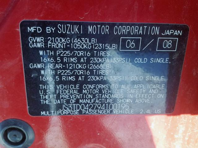 JS3TD042794100195 - 2009 SUZUKI GRAND VITA RED photo 10