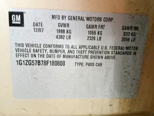 1G1ZG57B78F180800 - 2008 CHEVROLET MALIBU LS GOLD photo 10