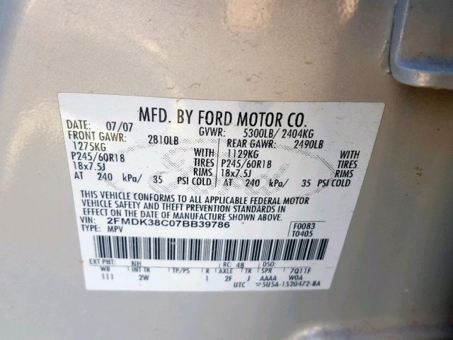 2FMDK38C07BB39786 - 2007 FORD EDGE SEL GRAY photo 10