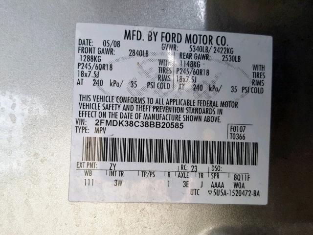 2FMDK38C38BB20585 - 2008 FORD EDGE SEL GRAY photo 10