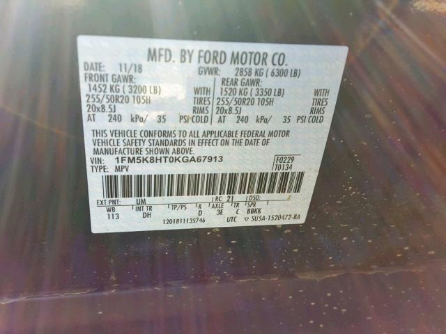 1FM5K8HT0KGA67913 - 2019 FORD EXPLORER P BLACK photo 10