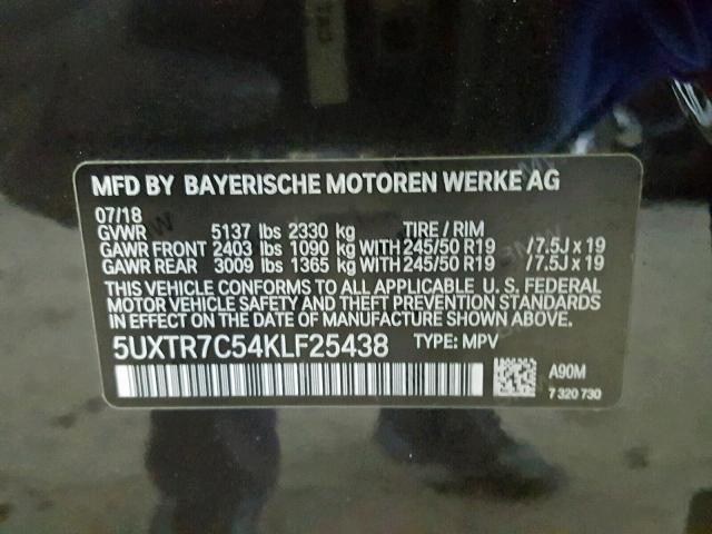 5UXTR7C54KLF25438 - 2019 BMW X3 SDRIVE3 BLACK photo 10