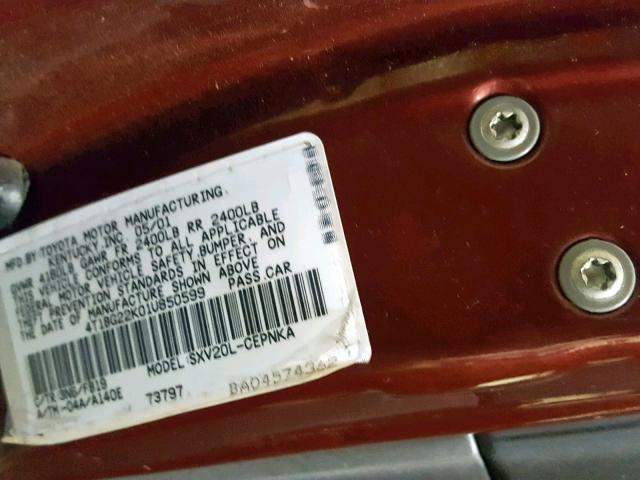 4T1BG22K01U850599 - 2001 TOYOTA CAMRY LE A RED photo 10