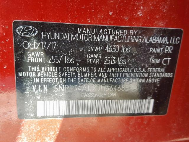 5NPE34ABXJH664685 - 2018 HYUNDAI SONATA SPO RED photo 10