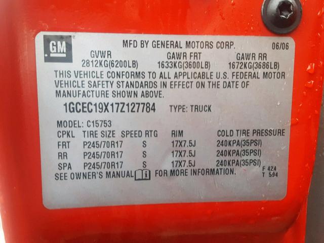 1GCEC19X17Z127784 - 2007 CHEVROLET SILVERADO RED photo 10