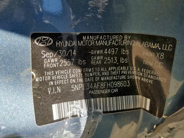 5NPE34AF8FH098603 - 2015 HYUNDAI SONATA SPO BLUE photo 10