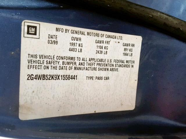 2G4WB52K9X1558441 - 1999 BUICK REGAL LS BLUE photo 10