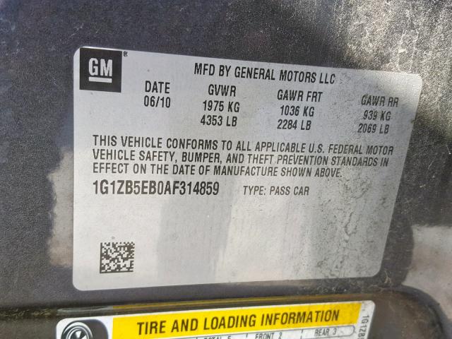 1G1ZB5EB0AF314859 - 2010 CHEVROLET MALIBU LS GRAY photo 10