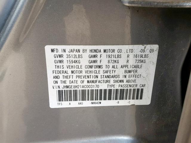 JHMGE8H21AC003170 - 2010 HONDA FIT SILVER photo 10