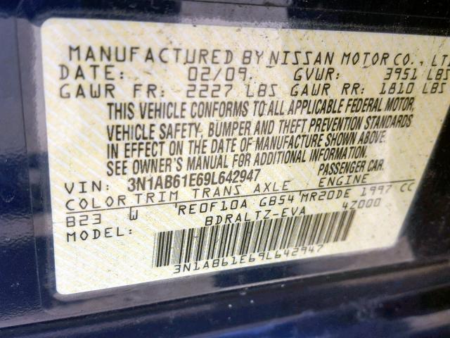 3N1AB61E69L642947 - 2009 NISSAN SENTRA 2.0 BLUE photo 10