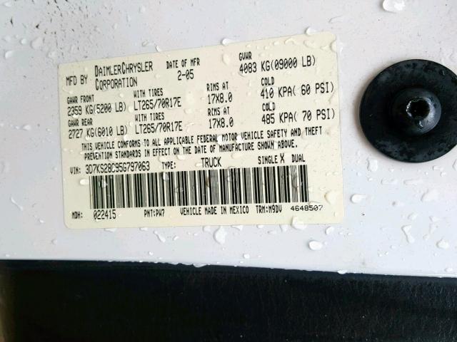3D7KS28C95G797063 - 2005 DODGE RAM 2500 S თეთრი ფოტო 10