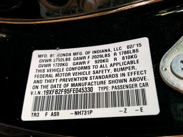 19XFB2F95FE045330 - 2015 HONDA CIVIC EXL BLACK photo 10