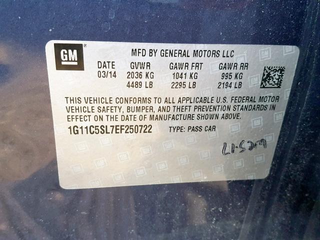 1G11C5SL7EF250722 - 2014 CHEVROLET MALIBU 1LT 蓝色 照片 10