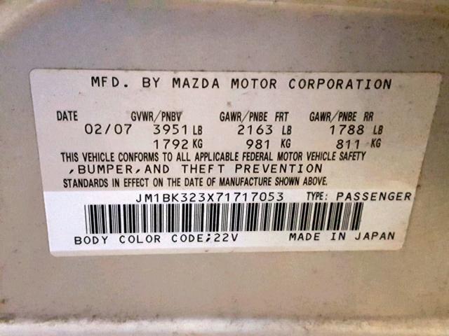 JM1BK323X71717053 - 2007 MAZDA 3 S SILVER photo 10