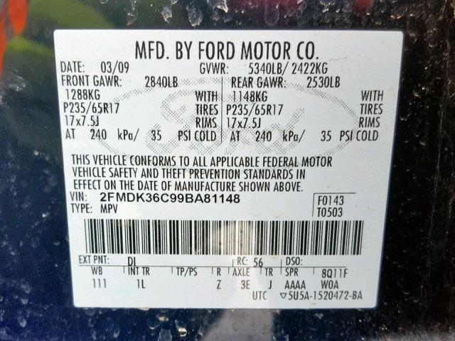 2FMDK36C99BA81148 - 2009 FORD EDGE SE BLUE photo 10