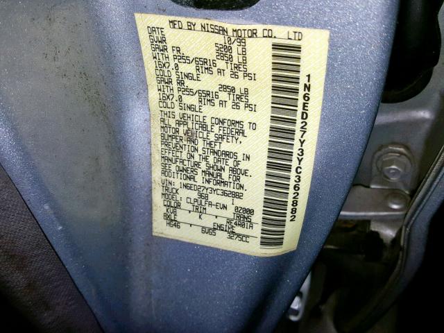 1N6ED27Y3YC362882 - 2000 NISSAN FRONTIER C SILVER photo 10