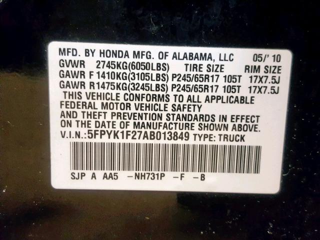 5FPYK1F27AB013849 - 2010 HONDA RIDGELINE BLACK photo 10