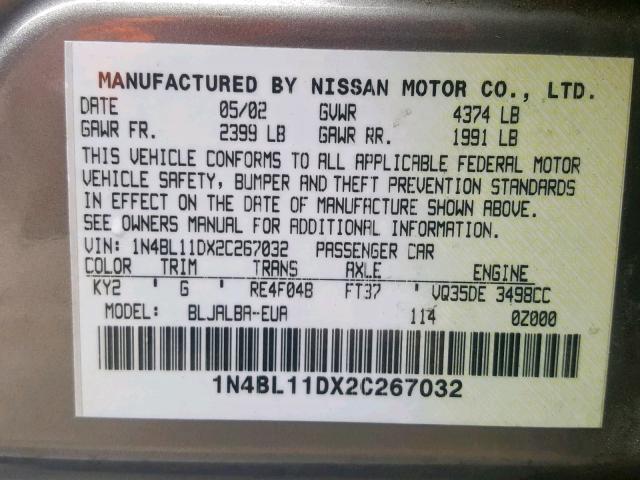 1N4BL11DX2C267032 - 2002 NISSAN ALTIMA SE GOLD photo 10