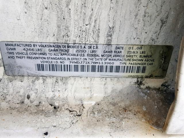 3VWDJ71K78M113960 - 2008 VOLKSWAGEN GLI თეთრი ფოტო 10