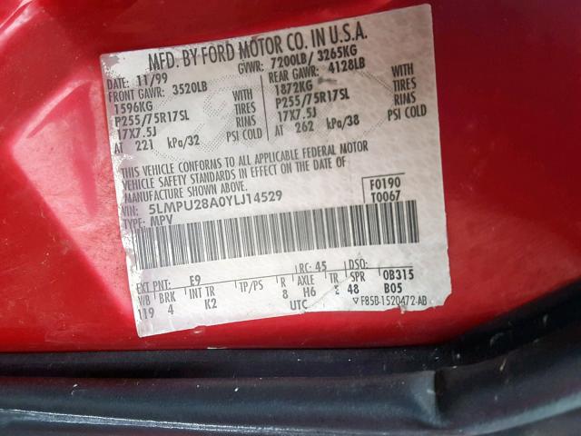 5LMPU28A0YLJ14529 - 2000 LINCOLN NAVIGATOR Қызыл фото 10