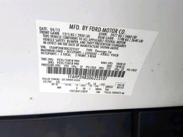 1FAHP2H83DG223107 - 2013 FORD TAURUS SEL WHITE photo 10