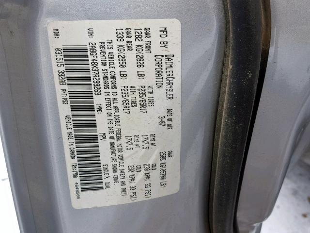 2A8GF48X37R299269 - 2007 CHRYSLER PACIFICA SILVER photo 10